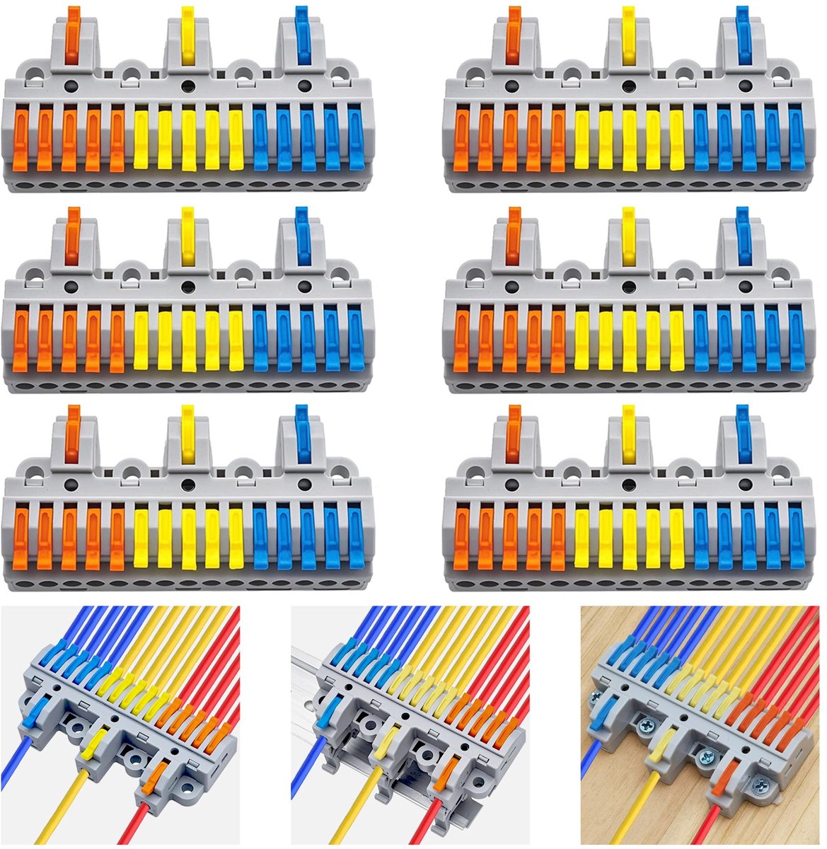 Draadklemmen met hoge capaciteit, drievoudige ingang naar vijftien uitgangen, DIN-rail en schroefbevestiging, geschikt voor 28-12AWG-kabel