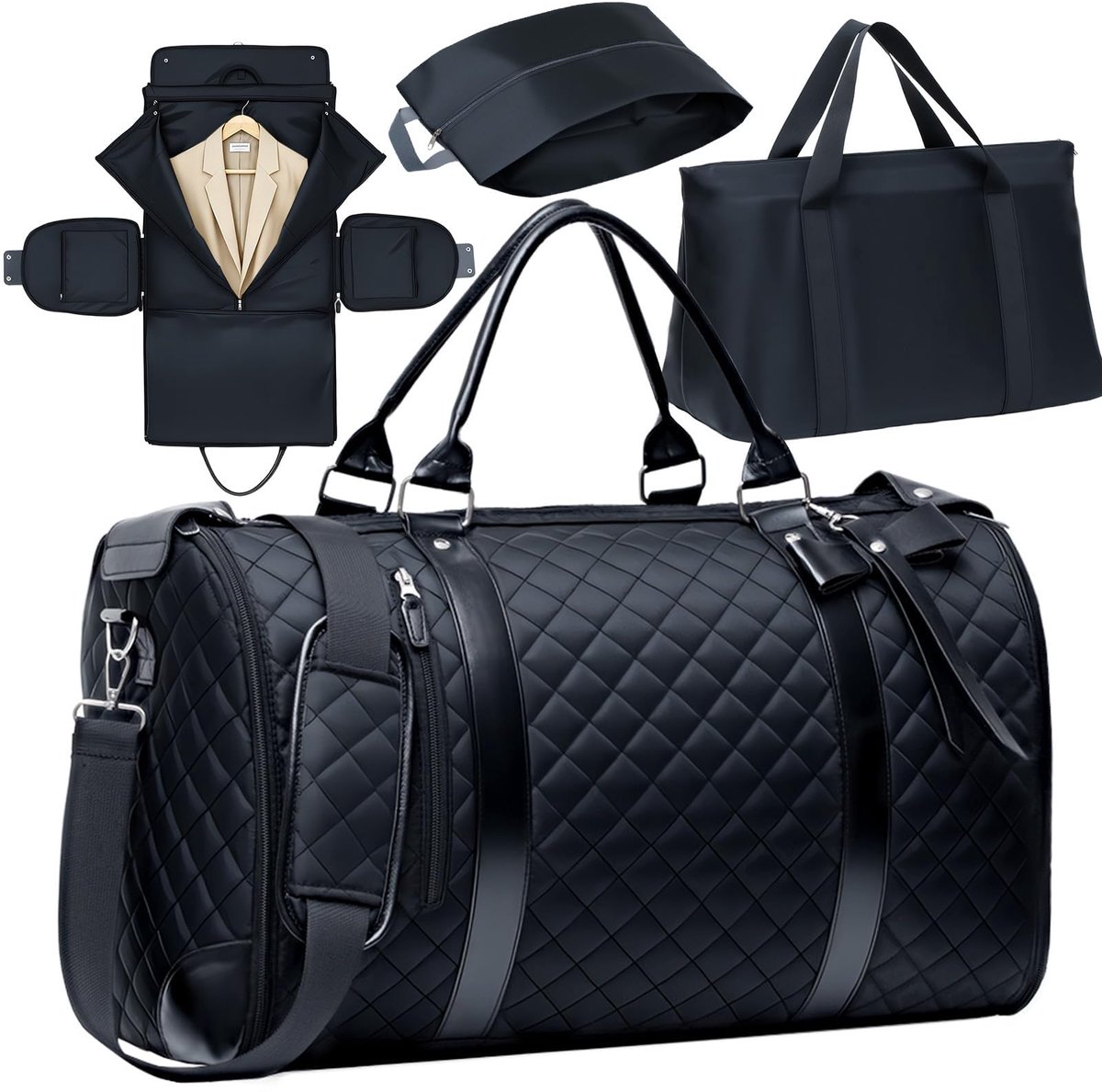Reistas, kostuumtas, 3-in-1 converteerbare kledingtas, 2 zakken, design met afneembare pakzak, handbagage, waterdicht, weekend, kledingtas voor dames, zwart