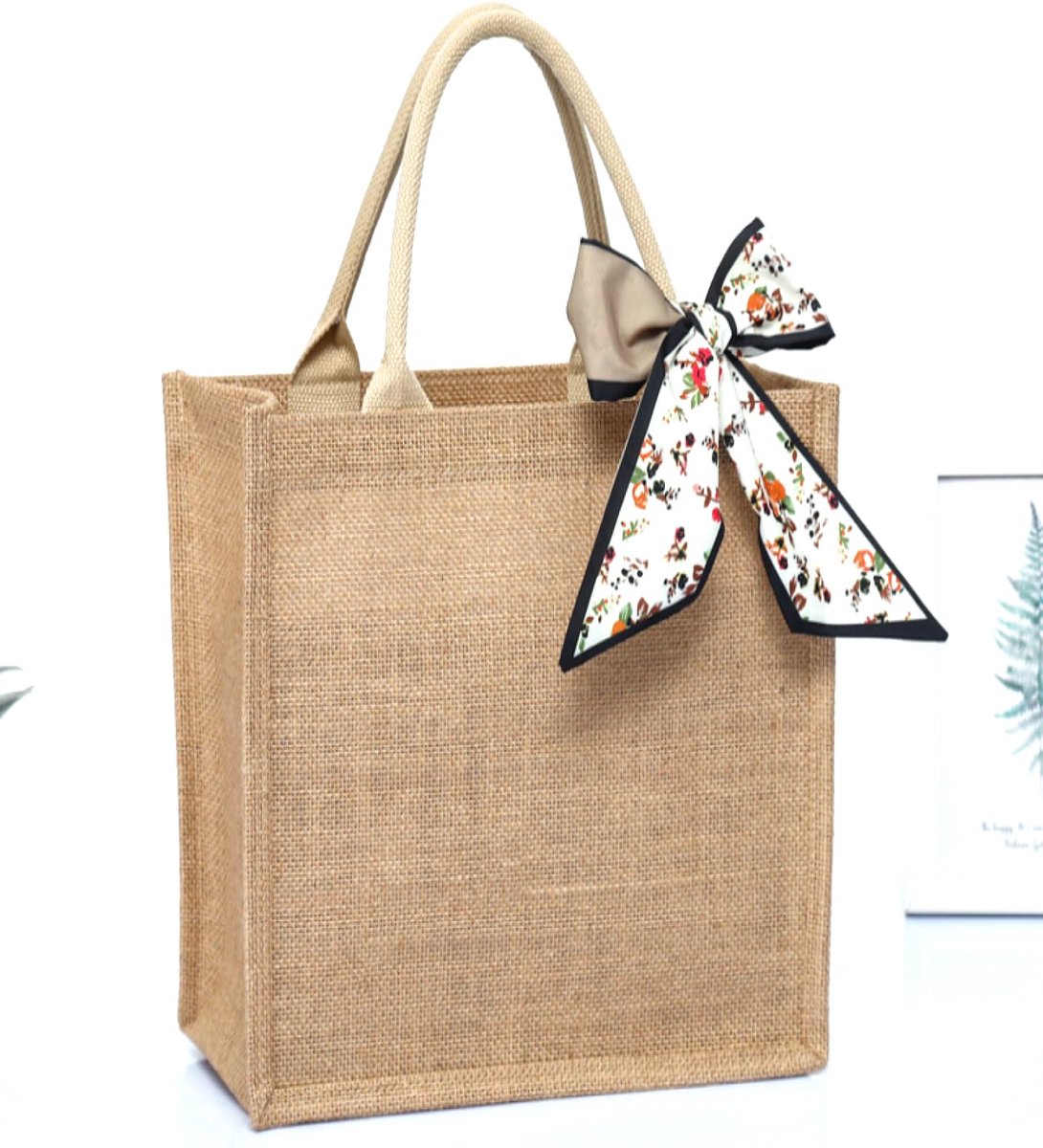 Jute tas, waterdichte natuurlijke jute tas, draagbare jute boodschappentas grote capaciteit, retro tas, draagtas canvas, draagbare dameshandtas met een zijden sjaal
