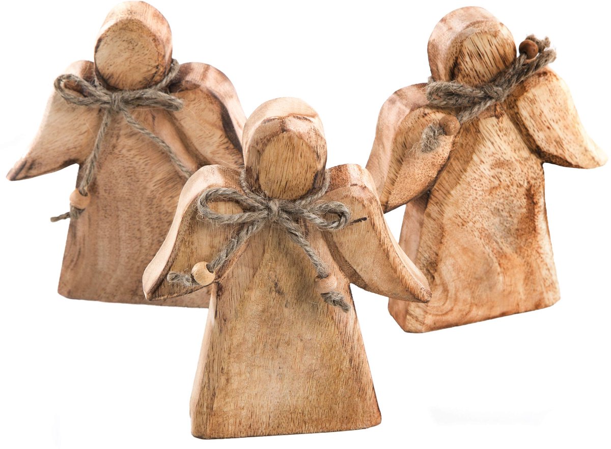 engelen, set van 3: kerstdecoratie binnen, kerstfiguren hout, beeldjes kerst, beschermengel gelukssymbool, winterdecoratie, natuurlijke kerstversiering, decoratie vensterbank, 15 x 12 cm