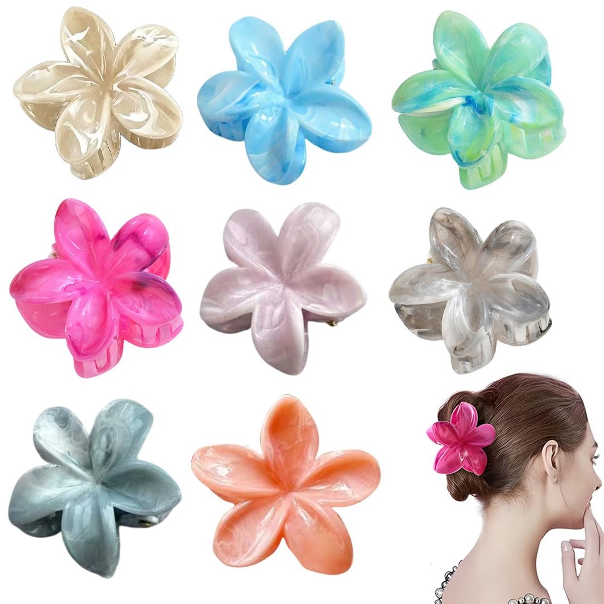 8 stuks haarspelden bloem, antislip haarspelden voor dames, decoratieve haarklauwen en haarspiralen, 4 cm, 8 kleuren