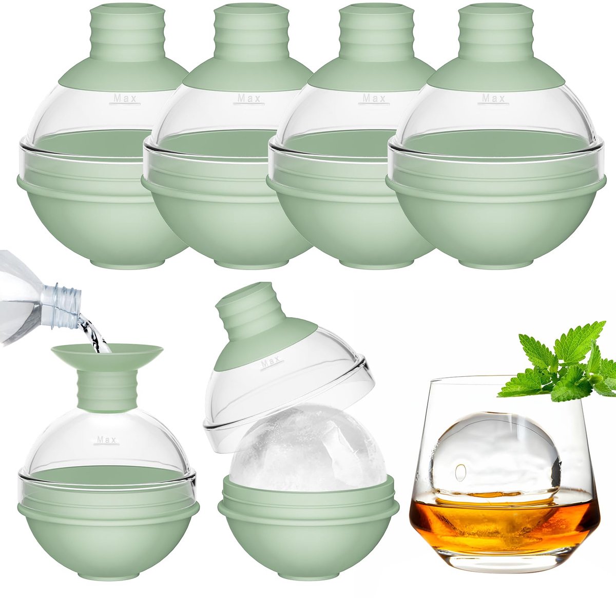 Ijsblokjesvorm voor whisky met 2-in-1 trechterdeksel - 6 cm ronde ijsblokjesvormen voor cocktails bourbon - gemakkelijk los te maken - perfect rond