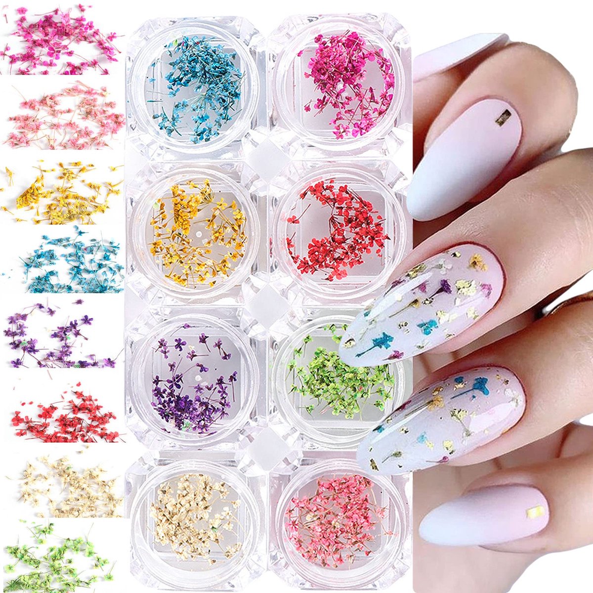 8 Dozen Gedroogde Bloemen voor Nagels - 8 Kleuren Nail Art Stickers Kit - DIY Nail Decals Decoratie Set