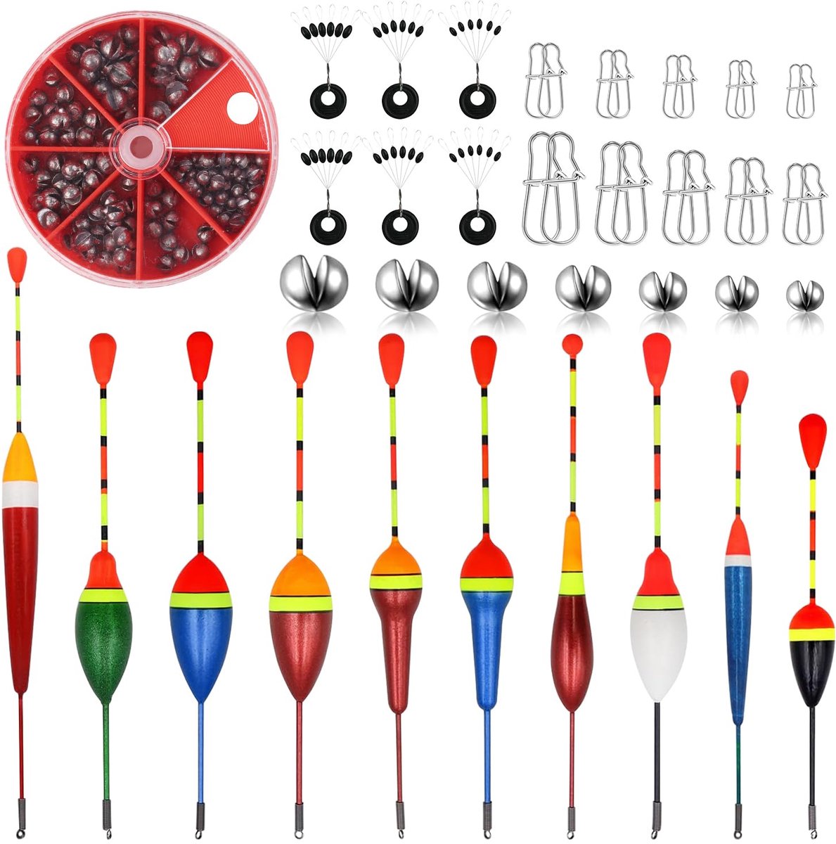 Vissen Set, 10 Stuks Zwemmers Vissen, 54 Vismallen, 6 Rubber Stoppers Vissen, 20 Draaiende Vismallen, Visdobbers Vissen Accessoires Set 0,6 g/0,8 g/1,2 g/2 g/2,5 g/3 g/4,5 g Visdobbers