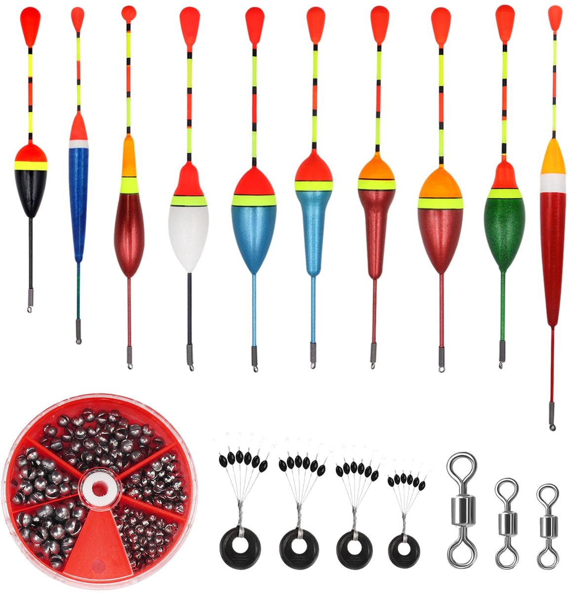 Dobbers, 10 stuks hengeldobbers, 3 stuks wervel, hengelaccessoires, 4 stuks rubberen stoppers, vissen, dobbers, vissen voor verschillende vismaten in meren of vijvers