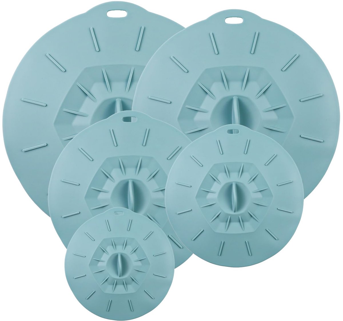 Siliconen deksels, herbruikbaar, stofdicht, hittebestendig, 5 maten, stofdicht, hittebestendig, vershouddeksel met zuigeffect, voor de keuken, 5 stuks, blauw-groen