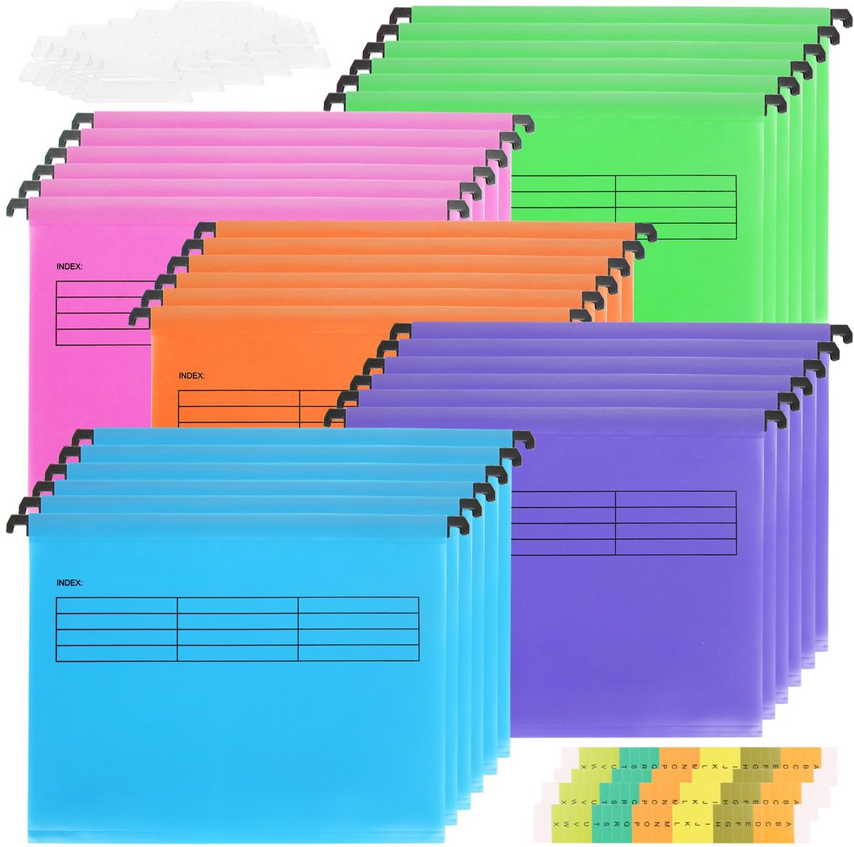 Hangmappen, A4, kunststof hangmappen met ruiters en kaarteninzetstukken voor school, thuis, werk, kantoororganisatie, 30 stuks