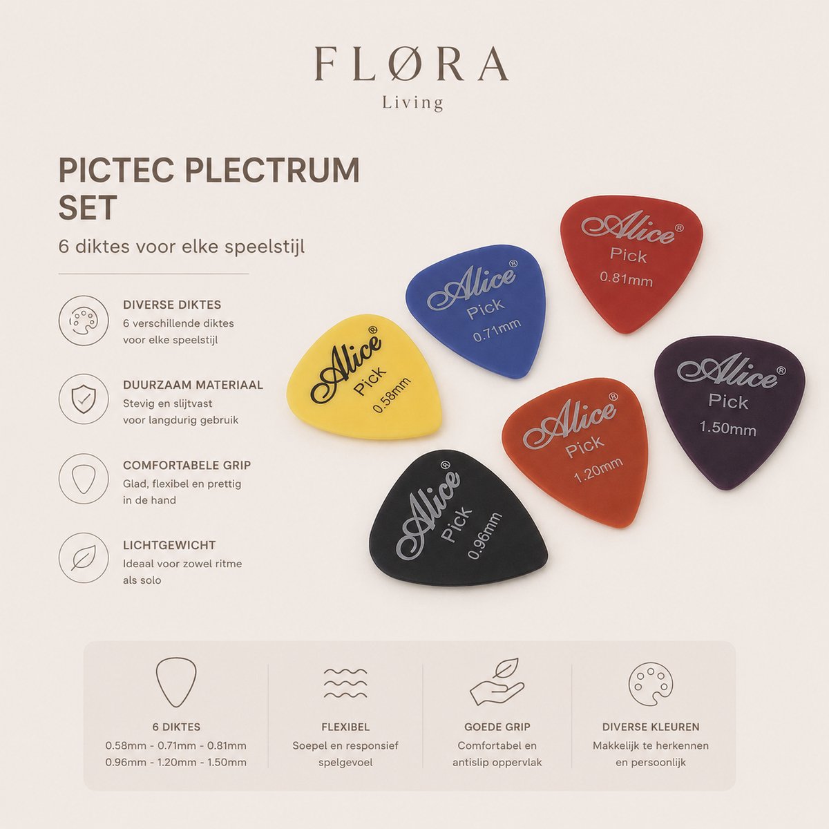 FLØRA Living Gitaar Plectrum Set in Koffer – 30 Plectrums – Diverse Diktes & Kleuren – Geschikt voor Elektrische & Akoestische Gitaar