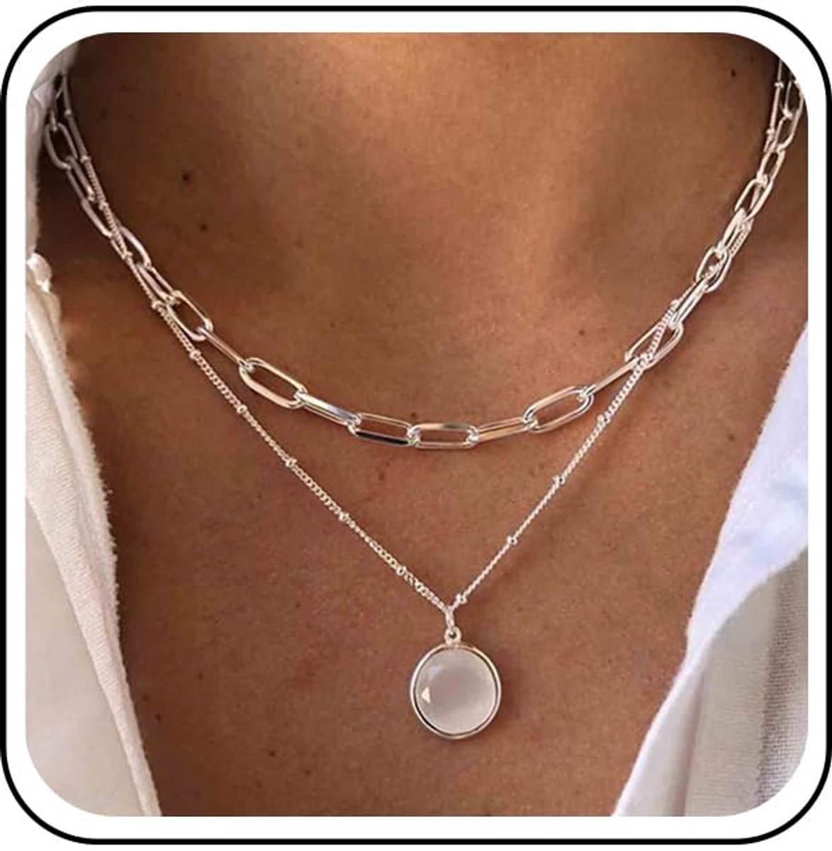 Vintage gelaagde maansteen halsketting, zilveren opaal steen hanger halsketting, paperclip ketting, halsketting ronde edelsteen ketting sieraden voor vrouwen