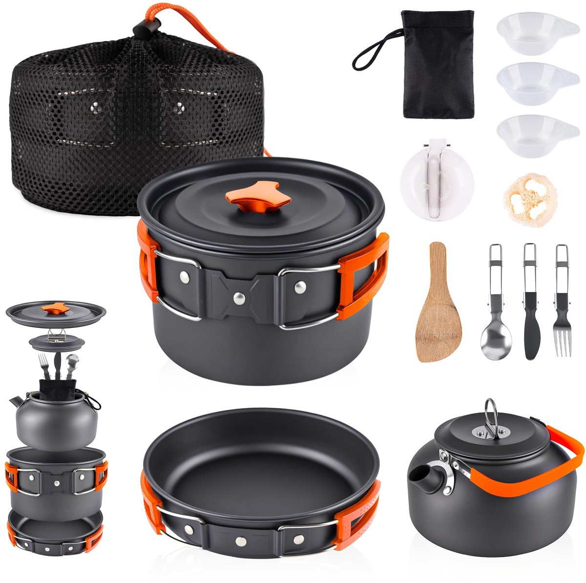 aiGear Camping Kookset Kookgerei Mess Kit met Opbergtas Pot Pan en Theepot Set Camping Accessoires voor Outdoor Camping Wandelen Picknick Draagbaar en Lichtgewicht Aluminium
