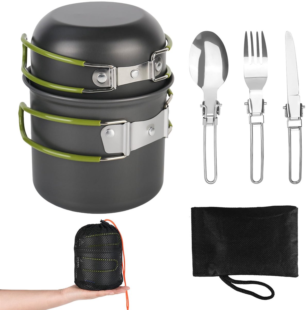 kookset, camping pan van aluminium, outdoor kookgerei met inklapbaar bestek, campingservies voor 2 personen, picknick pan, mini camping kookset voor picknick en wandelen
