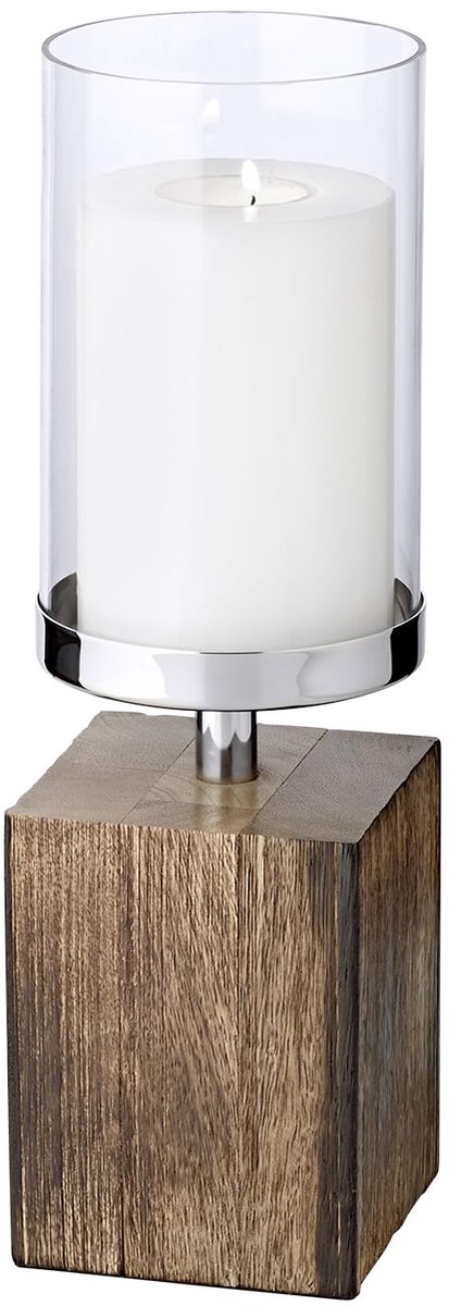 Kandelaar Meo (hoogte 16,5 cm), roestvrij staal vernikkeld, sokkel van hout, voor kaarsen tot Ø 9 cm