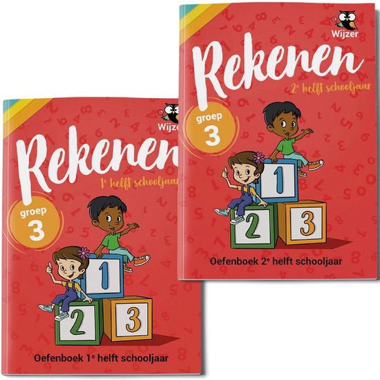 Twee exemplaren van het rekenboek "Rekenen groep 3, 1e helft schooljaar" en "Rekenen groep 3, 2e helft schooljaar".