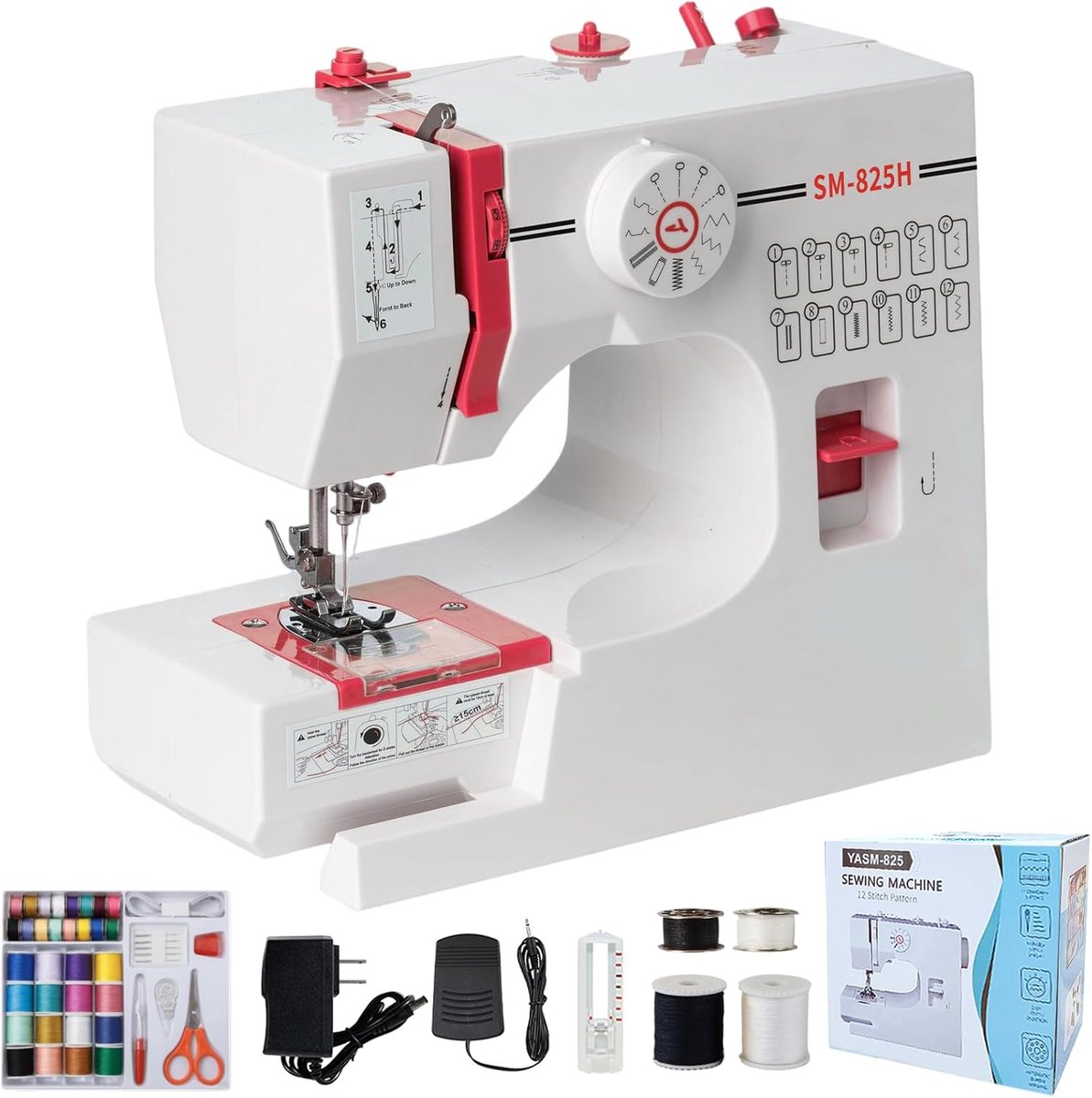 SnelShoppen - Draagbare elektronische naaimachine voor kinderen en beginners, 12 naaisteken, mini-naaimachine met voetpedaal, LED-licht en gereedschap