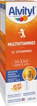 Verpakking Alvityl Multivitaminen drank, 11 vitaminen, sinaasappelkleurig met witte en blauwe tekst, vruchtensmaak, vanaf 3 jaar, 150 ml.