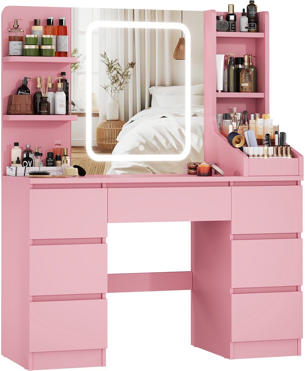 Devoko Kaptafel met LED Spiegel - 108x39,5x139 cm - 7 Lades, 3 Opbergvakken & Zijopberging - Dimbare Verlichting met 3 Lichtkleuren - Roze