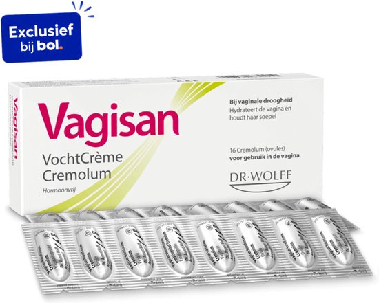 Vagisan VochtCrème Cremolum verpakking met 16 hormoonvrije ovules.