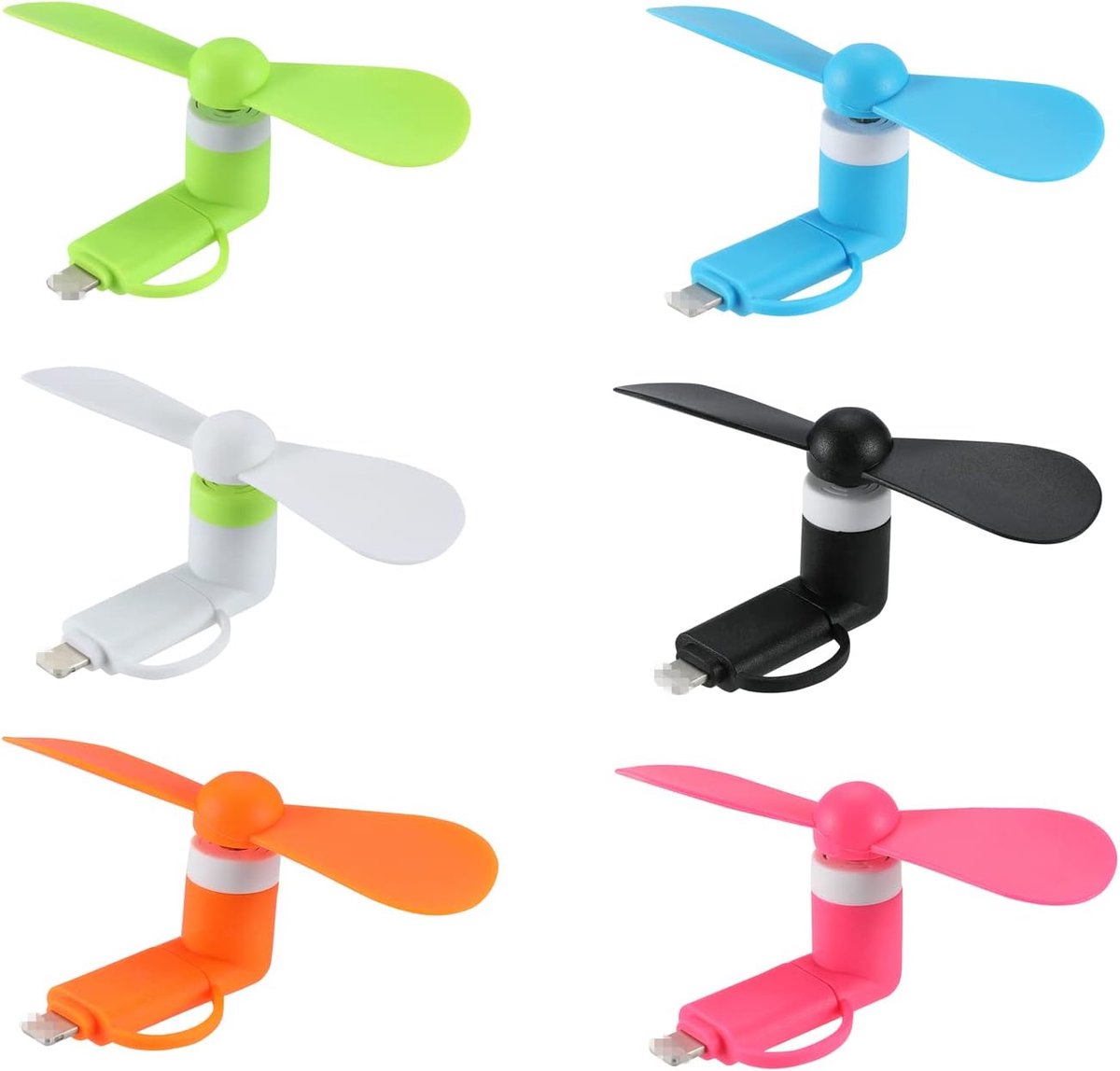 Set van 6 – Mini-telefoonventilatoren – handventilator - mini ventilator - 2-in-1-ontwerp met drievoudige aansluiting (Lightning / Type-C / Android) – Draagbaar – Krachtig – Telefoonkoelventilator – Plug-and-Play miniventilator