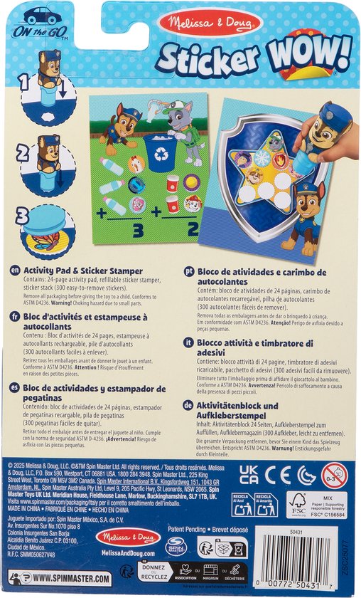 Achterkant van de PAW Patrol Sticker WOW! verpakking met productinformatie en afbeeldingen.
