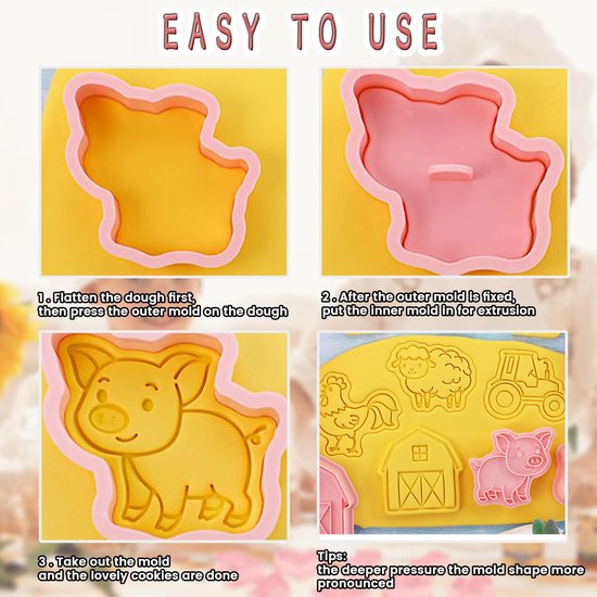 Vorm van Boerderij Thema 3D Uitsteekvormpjes van Plastic voor Fondant, taarten, koekjes, bakken, keuken accessoires, DIY Feestelijke Decoratie 8 Stuks — afbeelding 2