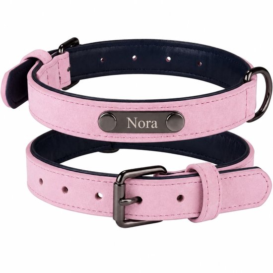 Deux colliers pour chien roses avec doublure bleu foncé et plaques d'identification métalliques.