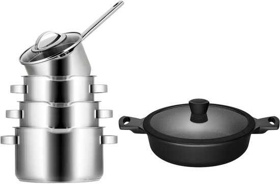 Sola Pannenset Pearl 5-Delig RVS - Downdraft geschikt - Kookpan ø 16, 18, 20 cm & Steelpan ø 16 cm + Sola Hapjespan Fair ø 28 cm - geschikt voor alle warmtebronnen
