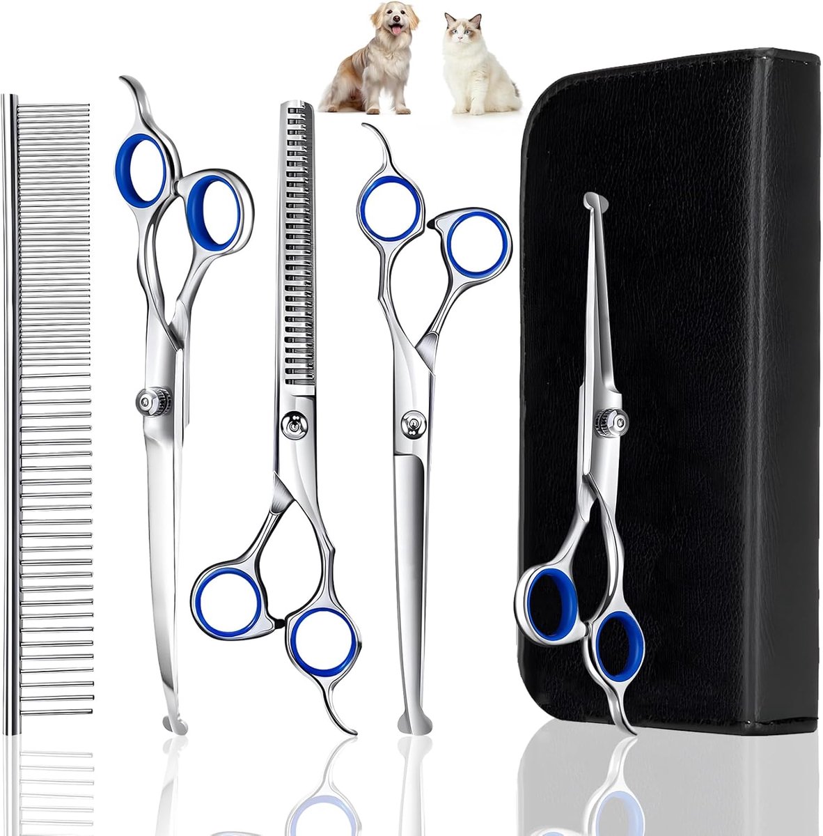 hondenschaarset, 6-in-1, professionele haarschaar voor honden, vachtschaar voor lang haar, afgeronde schaar voor vachtverzorging van hond, kat en huisdier