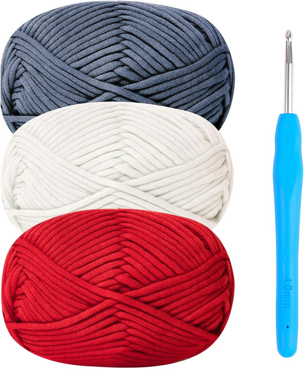 garen om te haken, dikke katoenen wol om te haken, 3 x 50 g, haakgaren voor beginners, amigurumi met 4 mm haak, Easy Starter Kit, blauw garen
