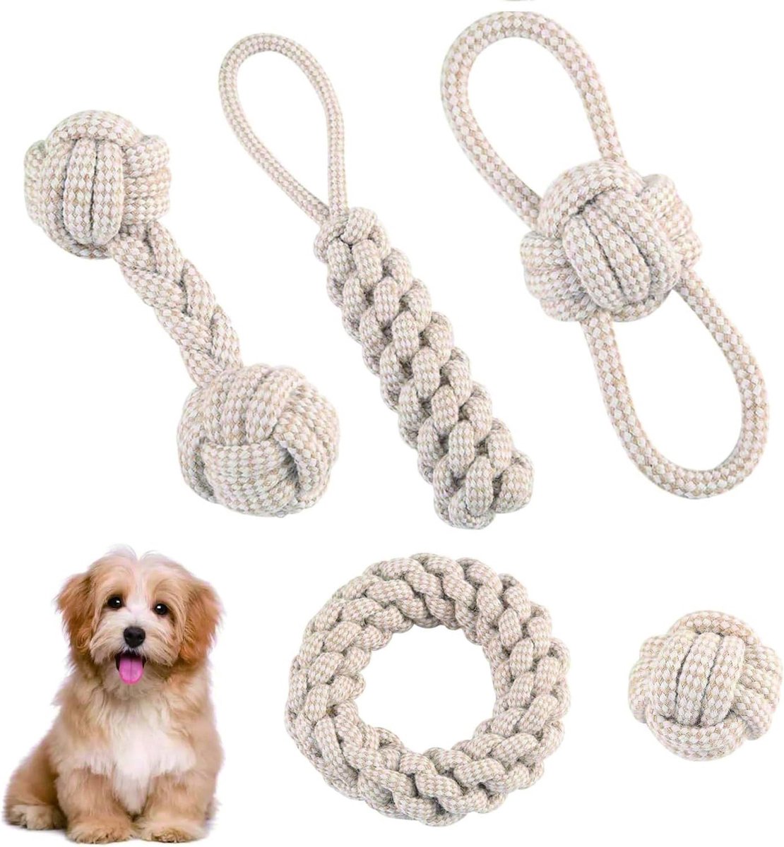 5-delig hondenspeelgoed, touw, hondentrainingsspeelgoed, speelgoed voor honden, van touw, interactief gevlochten van katoen, voor alle soorten, accessoires