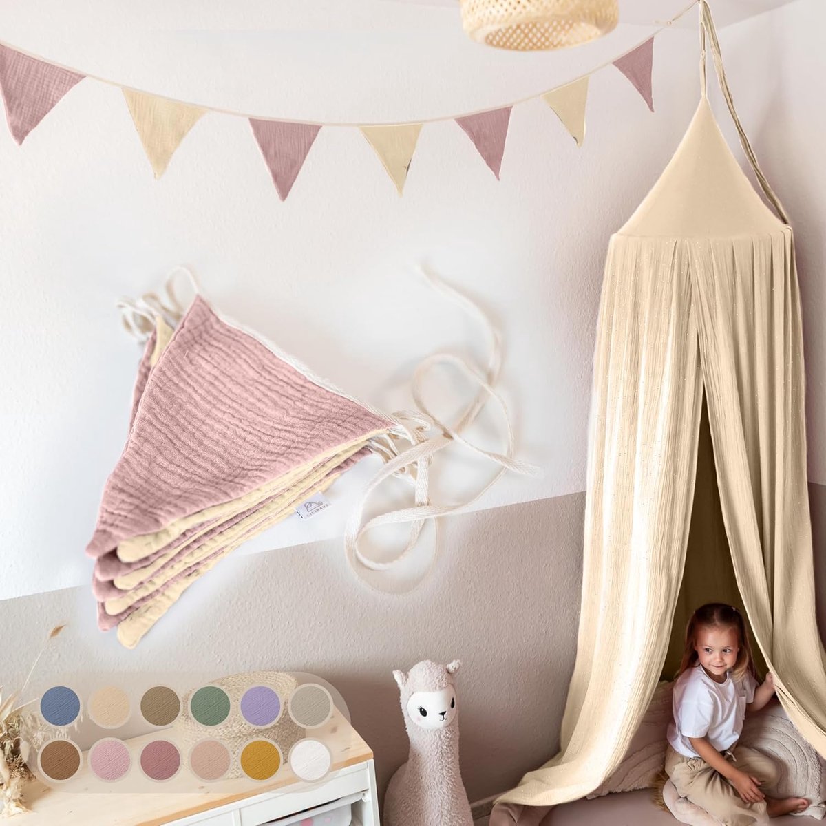Vlaggenketting van stof, voor de kinderkamer, 100% katoen, handgemaakte slinger, stof, mousseline, huisbed, decoratie voor meisjes en jongens, slinger voor babykamer
