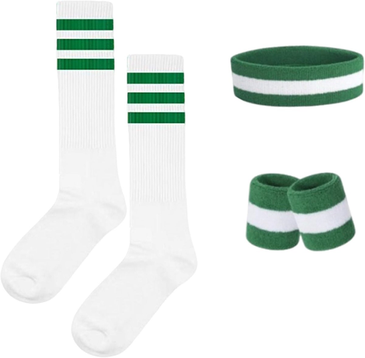 Zweetband en sokken, jaren 80 en 90, zweetband, gestreepte hoofdband, armband, gestreepte hoge sokken voor dames en heren, sport, hardlopen, fietsen, carnaval, kostuums, feest