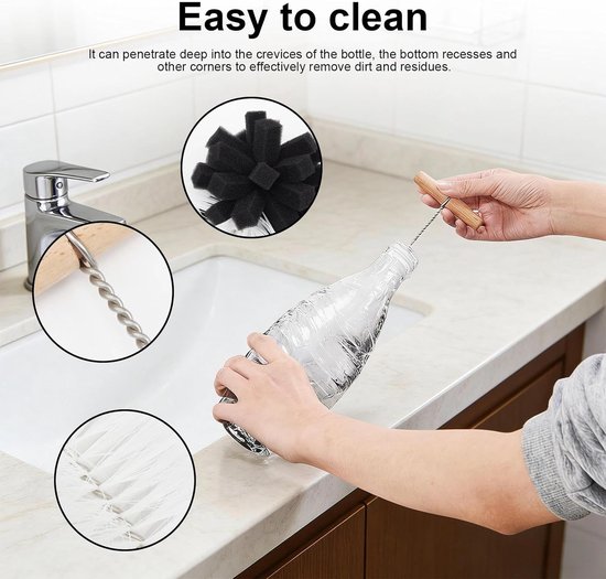 2 stuks flessenborstel, borstels voor Sodastream-fles, 32,5 x 9 cm, flessenborstel met T-handvat, multifunctionele flessenborstel, voor thuis, melktheesalon, koffie — afbeelding 2