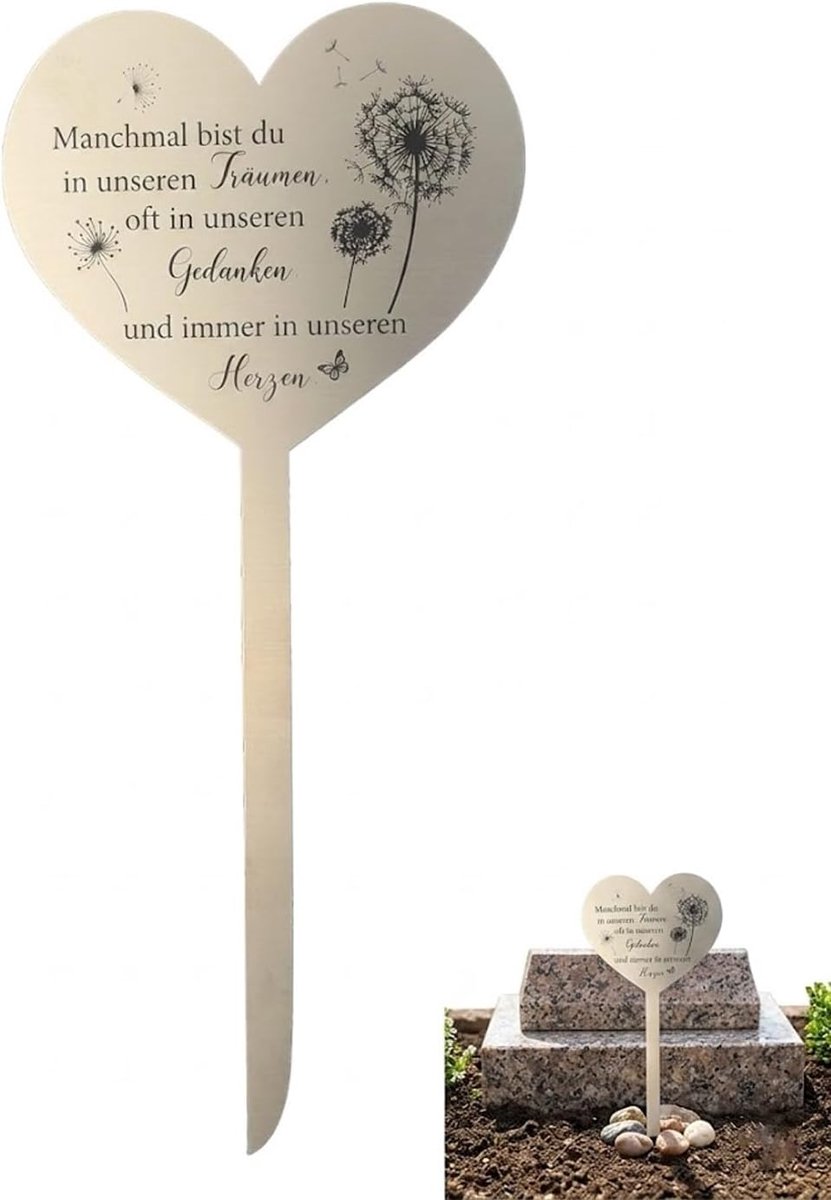 grafdecoratie, 1 stuk hart van metaal met gravure "Manchmal bist du in Träumen, oft in Gedanken und immer in Herzen", begrafenis, begraafplaats en gedenkplaatsen