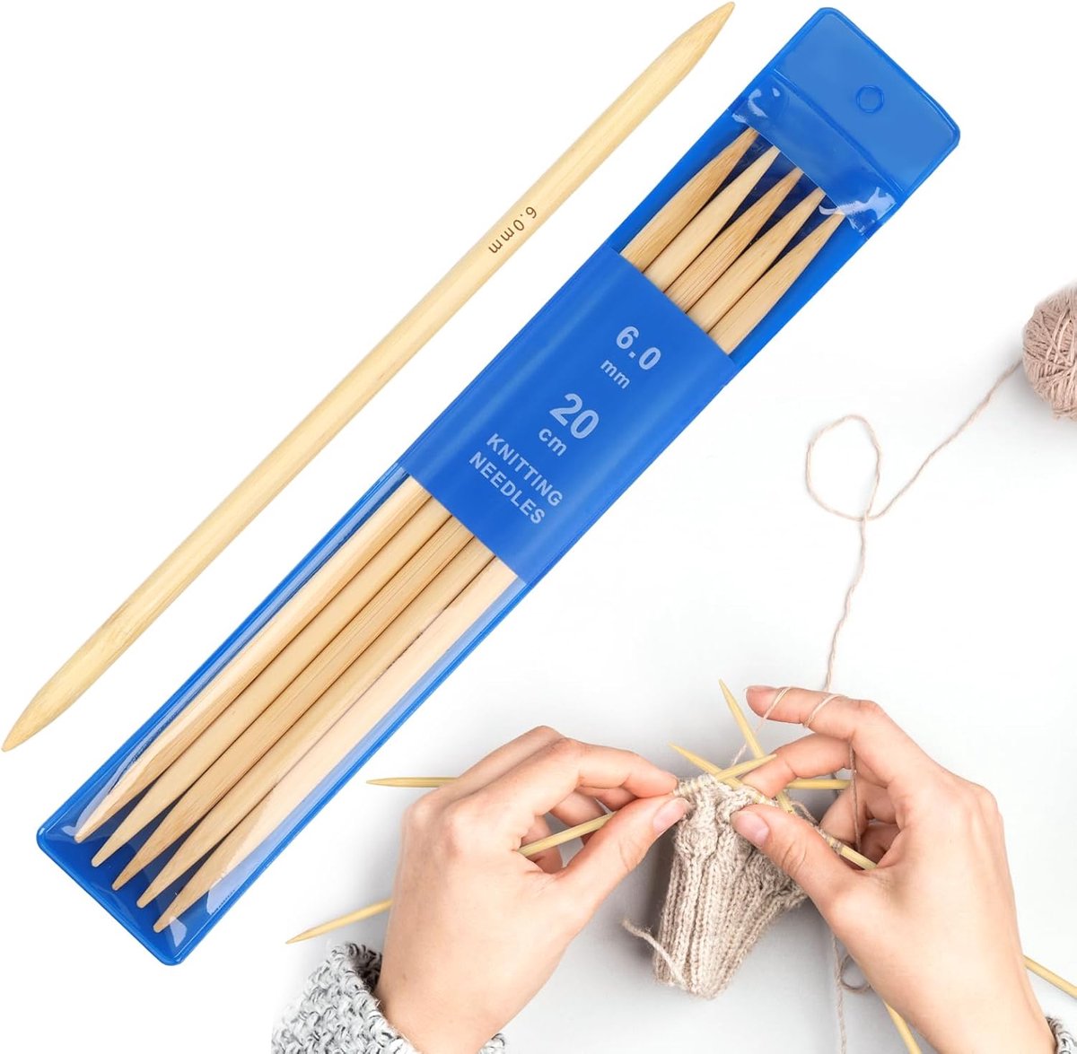 5 stuks bamboe naaldspel 6,0 mm breinaalden set, 20 cm lengte breinaalden voor sokken, sjaals, mutsen, huisdieren, truien, sokken breien voor beginners, sokkennaalden 6,0 mm
