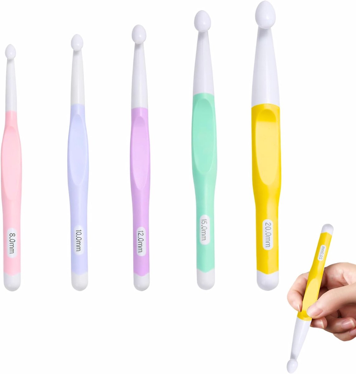 5 stuks ergonomische haken, 20, 15, 12, 10 en 8 mm, breinaalden, kunststof, met grote hoofden, grote maten, trico-set, comfortabel, kunststof handvat, sjaals, manden, kussens