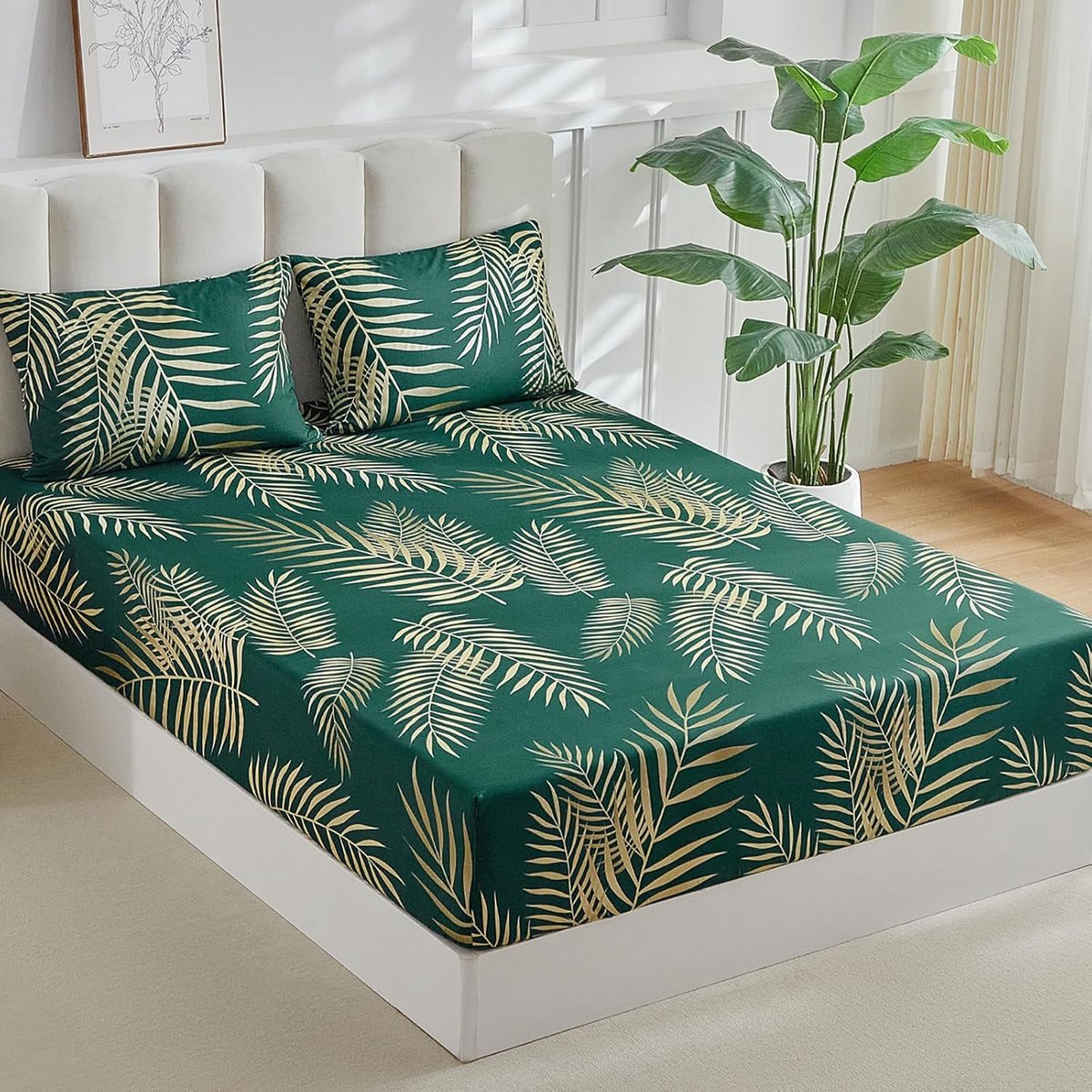 tweepersoons hoeslaken 160 x 200 cm, hoeslaken met extra diepe zakken, 35 cm, zachte microvezel met 2 kussenslopen, bloemenprint (donkergroen)