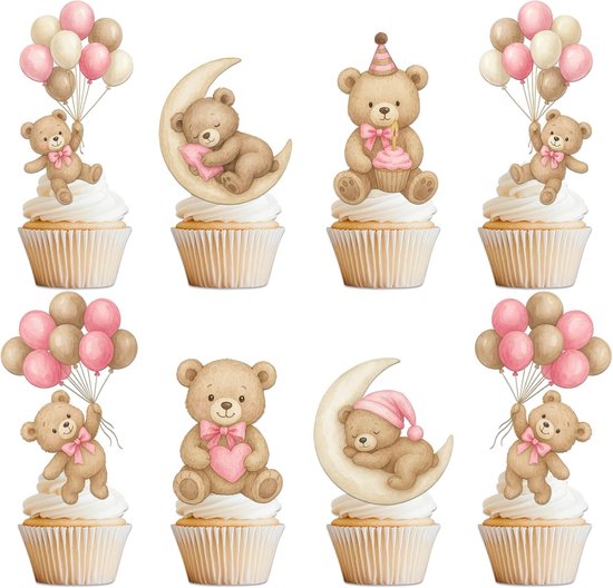 Foto: Tortendeko b r baby shower deko cupcake deko m dchen voor gender reveal party taarttopper happy birthday set 36 stuks roze beren taartdecoratie verjaardag accessoires