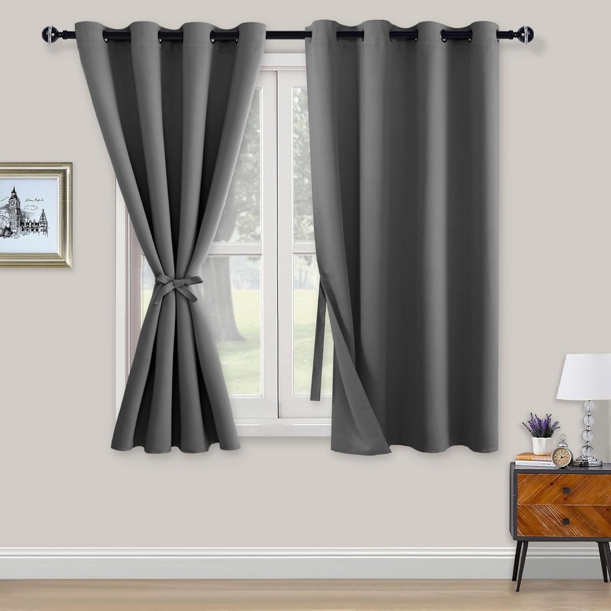 Ondoorzichtige gordijnen, verduisteringsgordijnen met inslagringen, 2 stuks, gordijnen met gordijnhouder, ondoorzichtige gordijnen voor slaapkamer, woonkamer, kantoor, 138 x 132 cm, grijs