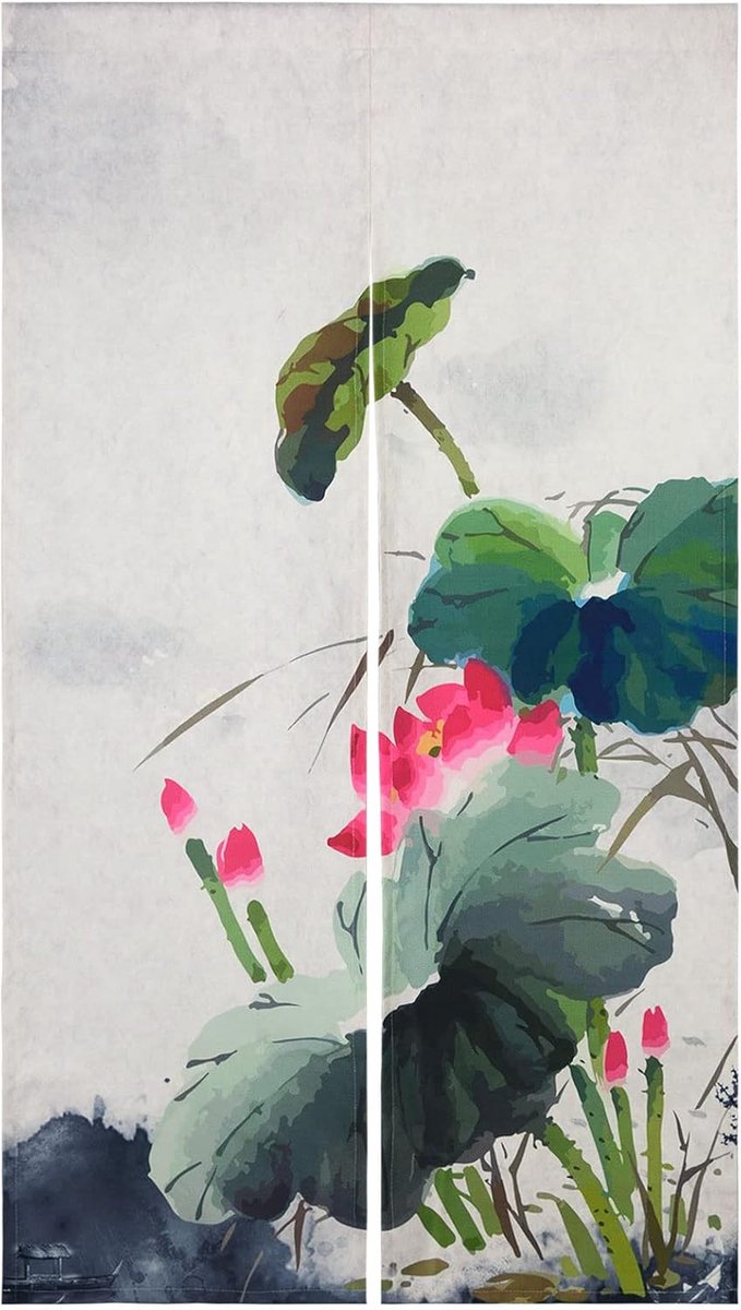 Chinese inktstijl Japanse noren deuropening gordijn linnen vintage lotusbloem bedrukte Aziatische raambekleding hangende deurbekleding voor sushi keuken huisdecoratie 85x150 cm, zwart
