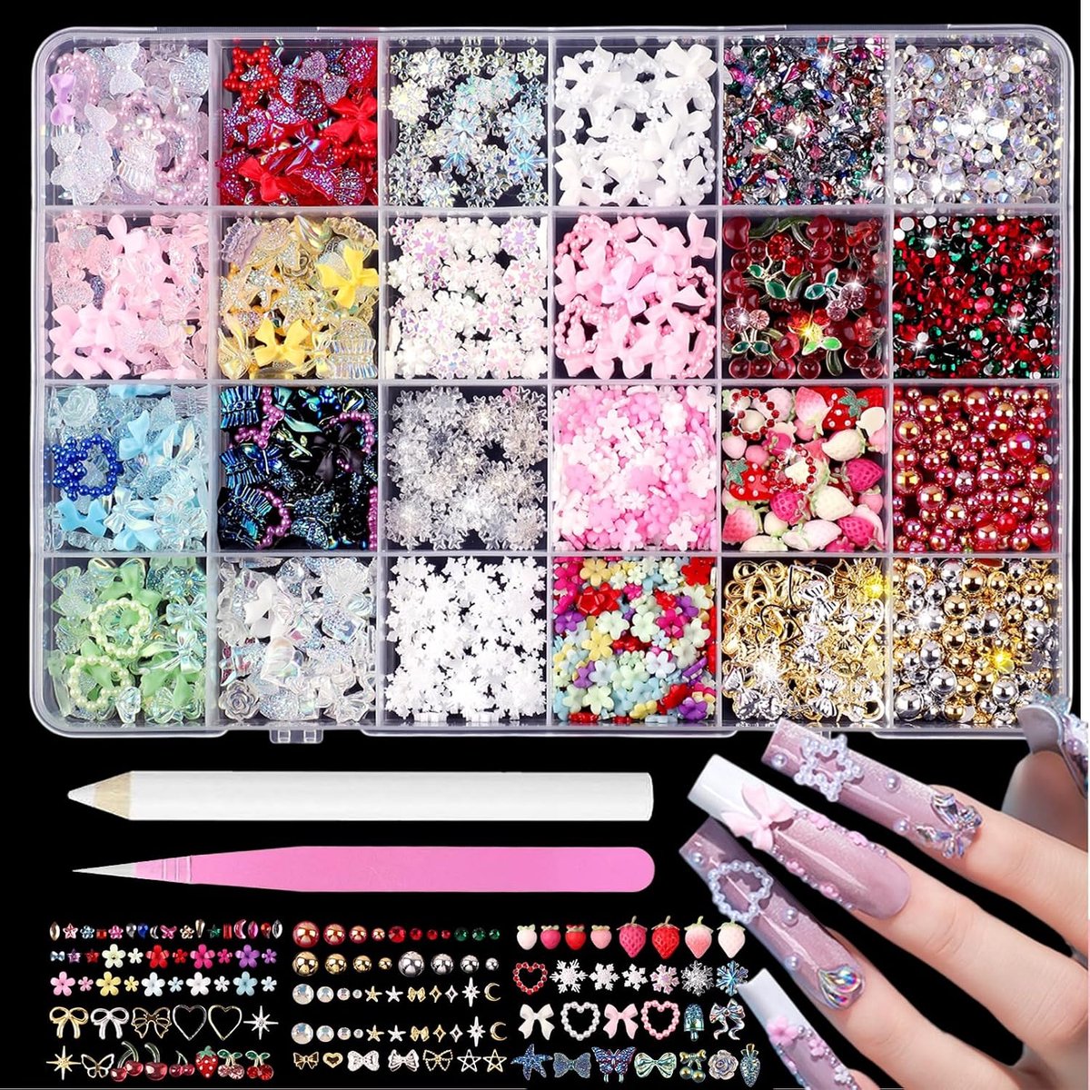 4000+ stuks nail art bedels & edelstenen kit, 3D Kawaii nagelsteentjes set met strikken, fruit, sterren en bloemen, professionele bedazzling edelstenen met wax pen en pincet, gemengde