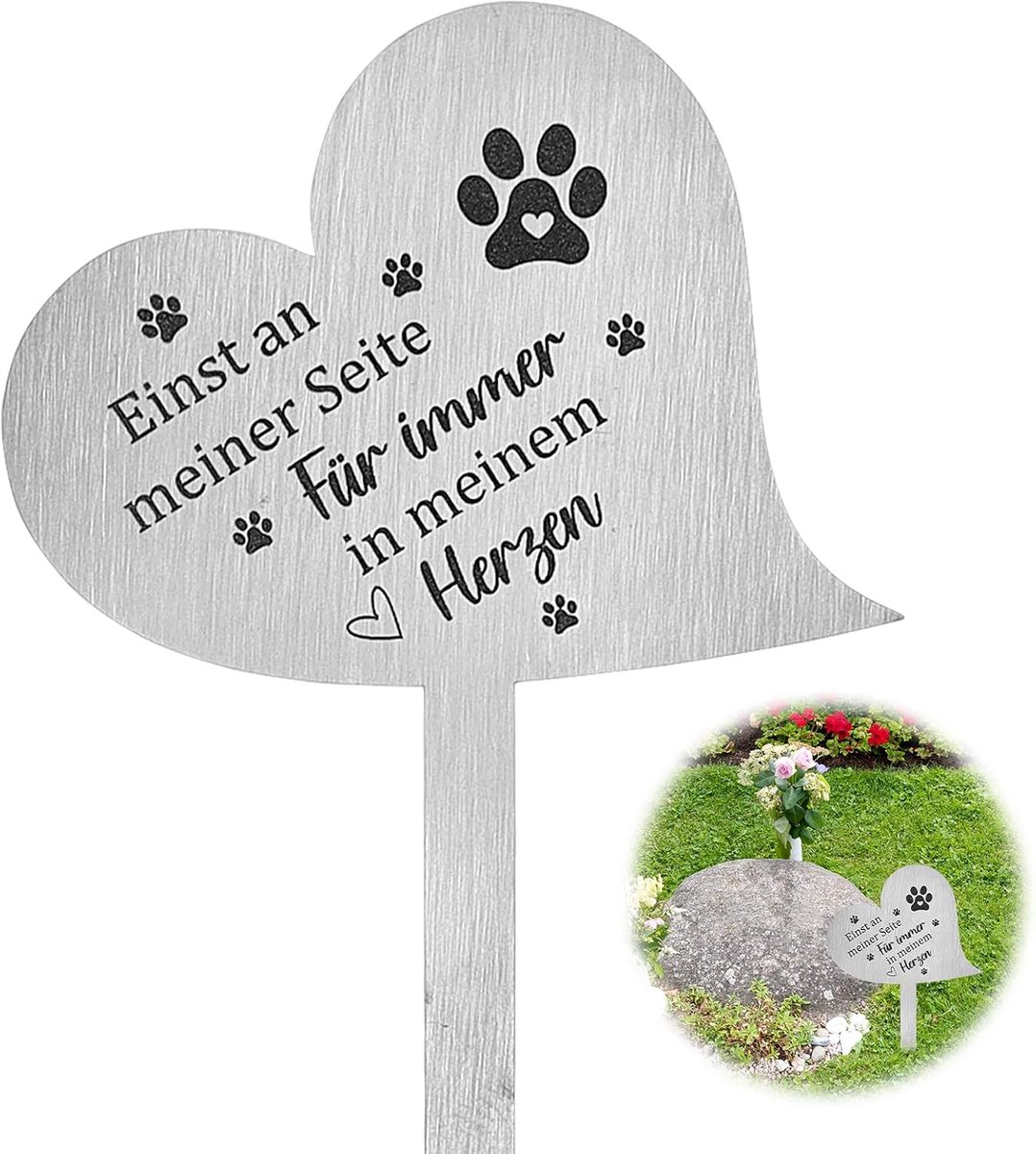 weerbestendig, 28 cm, voor hond, kat, hart, grafsteker, roestvrij staal, grafdecoratie met spreuk Einst an Meiner Seite, voor Altijd in Mijn hart, grafsteen, hond, grafsteken, aandenken
