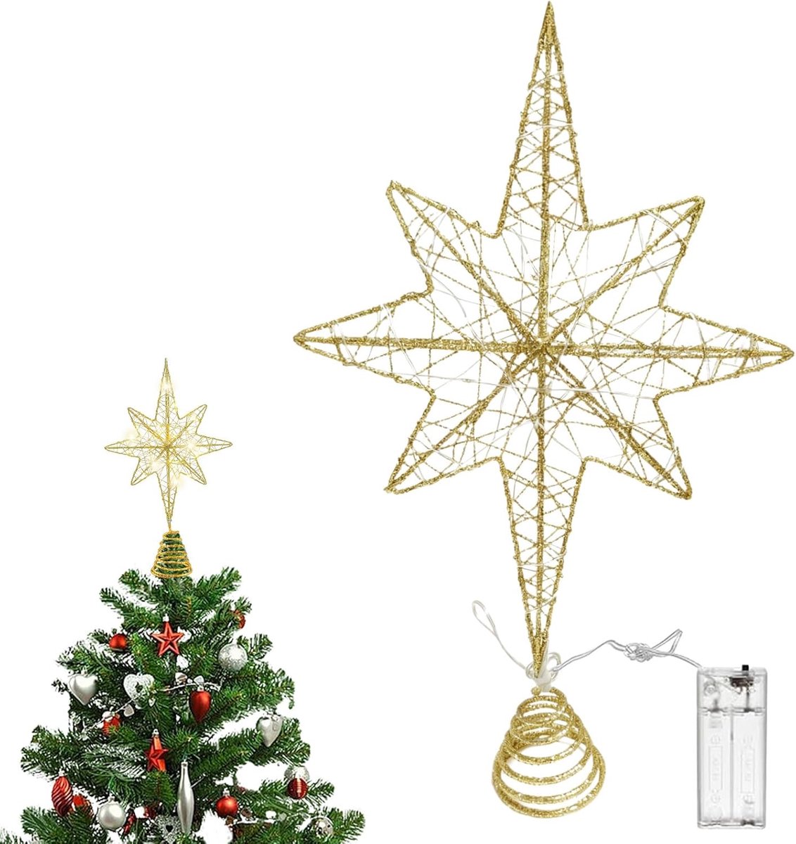 Kerstboompiek met sterren, goud, 34 x 23 cm, kerstboompiek, ster met 20 leds, dennenboompiek voor kerstboom, verlicht, interieurdecoratie (B)