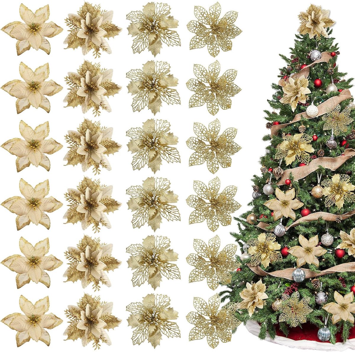 24 Stks Kerst Poinsettia met 24 Stks Clips 4 Ontwerp Glitter Goud Kunstmatige Bloem Winter Feestbenodigdheden voor Xmas Boom Ornament Bruiloft Verjaardag Krans Decoratie