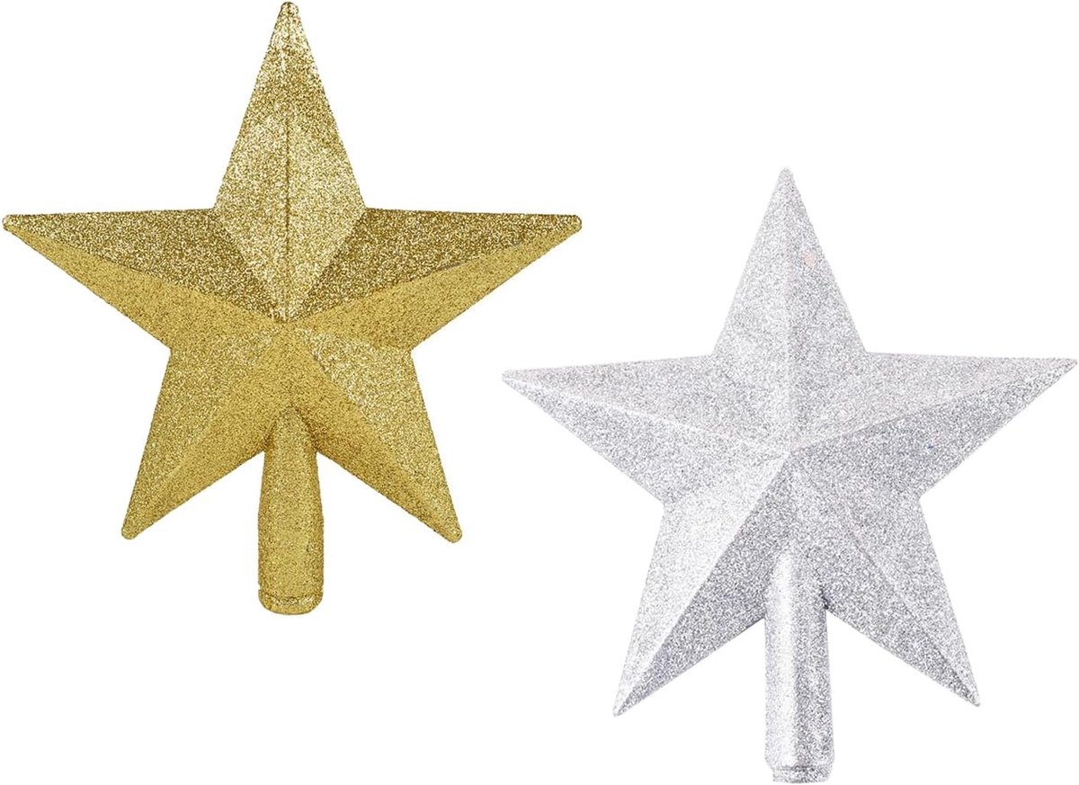 2 Pack Glittered Kleine Kerstboom Topper Xmas Mini Ster Boomtop voor Kleine Kerstboom Decoraties, Goud en Zilver