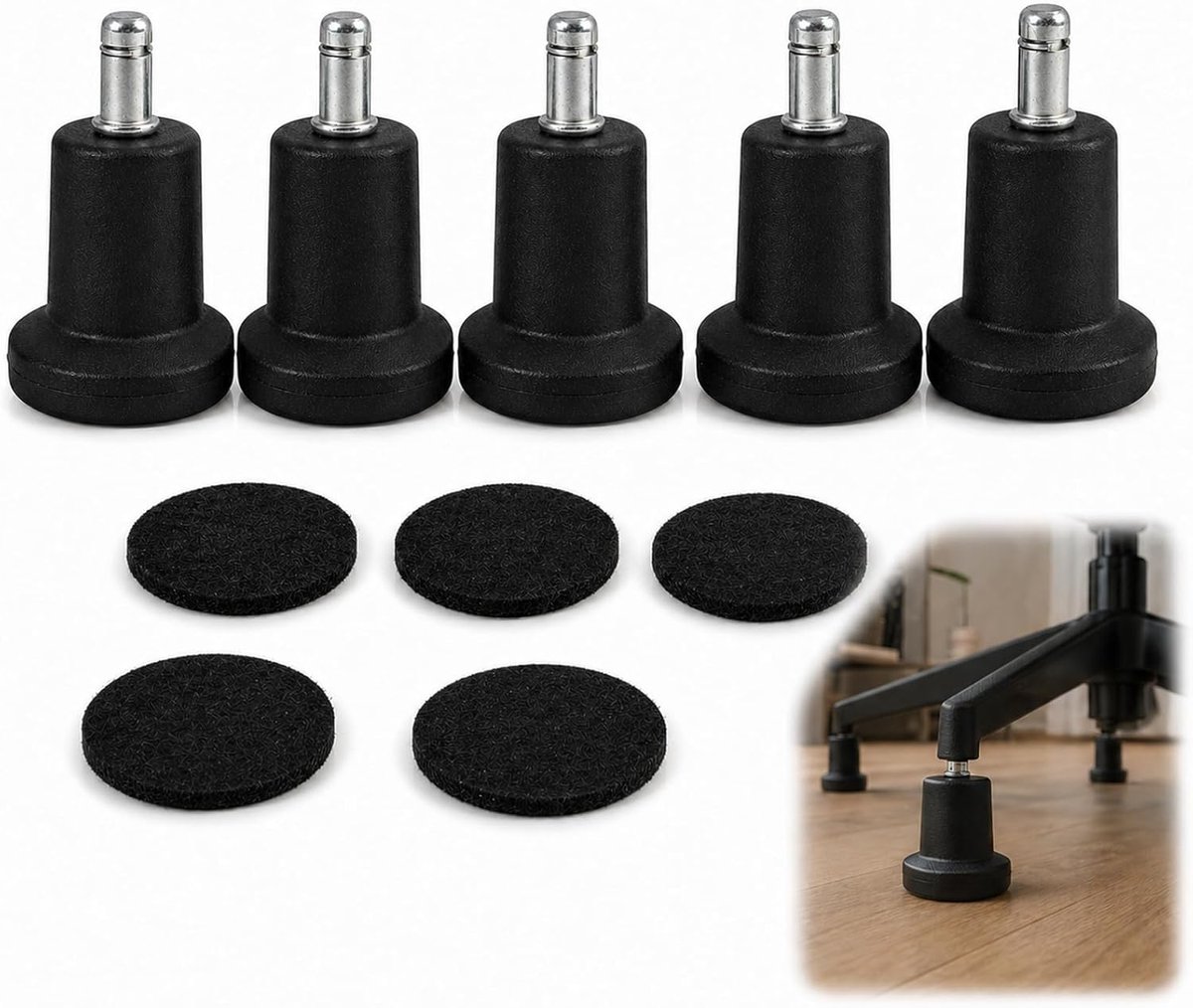 5 stuks bureaustoelglijders in klokvorm van zwart nylon, vervanging voor 2 inch draaibare wielen, zadelpen diameter 11 mm, basis 50 mm, vloerbescherming