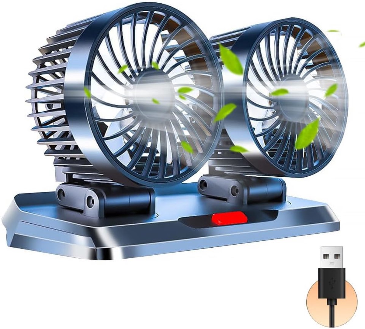 Autoventilator, 5 V USB dubbele kop, autoventilator, 360 graden draaibaar, dubbele kopventilator auto met 3 snelheden, dubbele ventilator, voor 5 volt auto's, vrachtwagens, SUV's