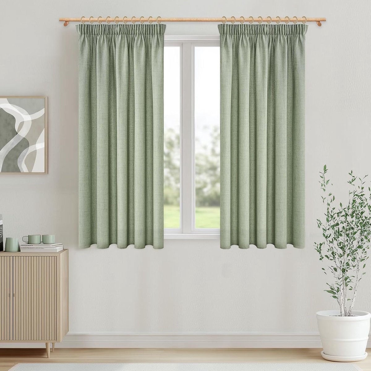 Set van 2 gordijnen met plooiband voor keukenramen, kort, 140 x 145 cm, linneneffect, saliegroen, semi-transparant, voor erkerraam, slaapkamer, woonkamer