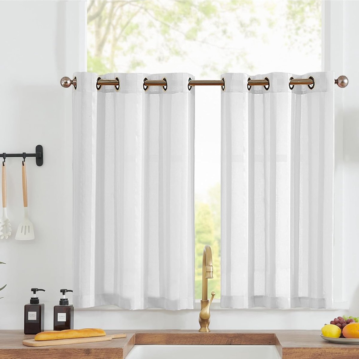Voile gestreepte keukengordijnen Modern glasgordijnen met ogen Gestreept Wit Transparant Bistrogordijn 2-pack 90x60cm (BxH) Campergordijnen Korte keukengordijnen Landhuisstijl