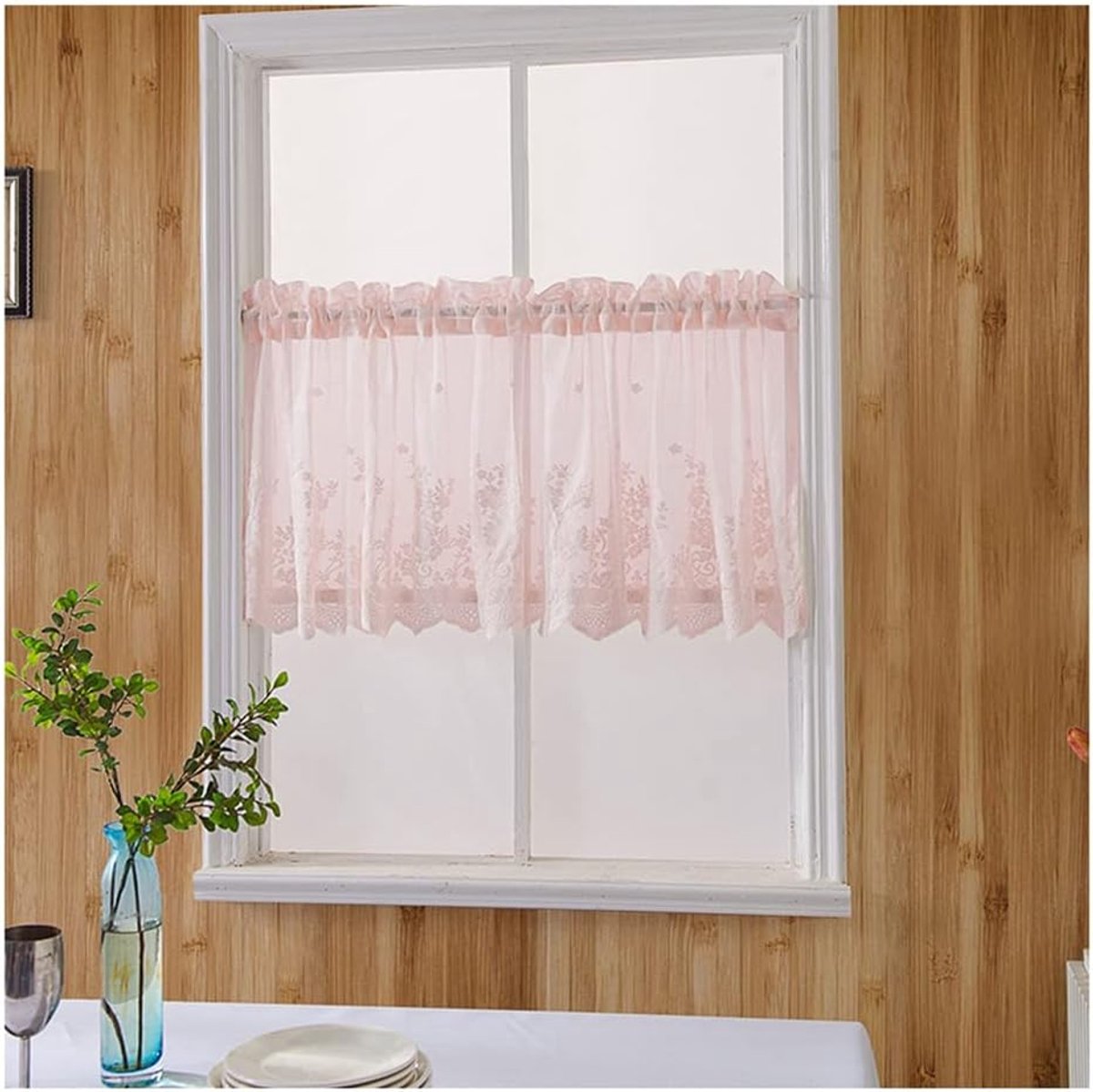 Vitrage Vintage halftransparante korte gordijnen, kleine gordijnen, half gordijnen, bistrogordijn, borduurwerk, vitrage voor woonkamer, slaapkamer, keuken, roze, 137 x 61 cm