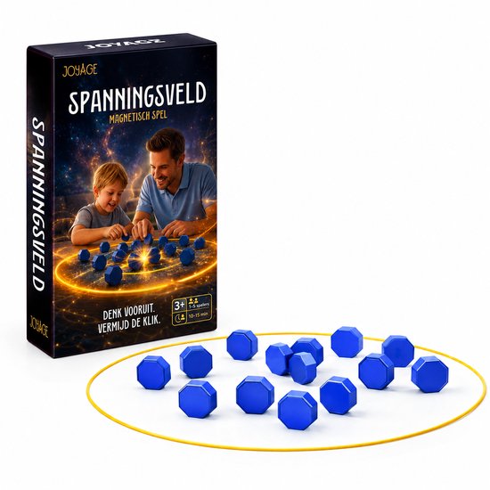 Doos van 'Spanningsveld' magnetisch spel met man en jongen, met blauwe blokjes.
